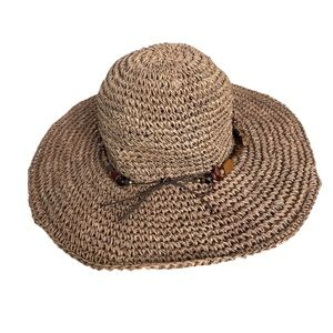 Scala‎ Natural Seagrass Straw Woven Floppy Sun Hat Wide Brim Beaded Band Boho